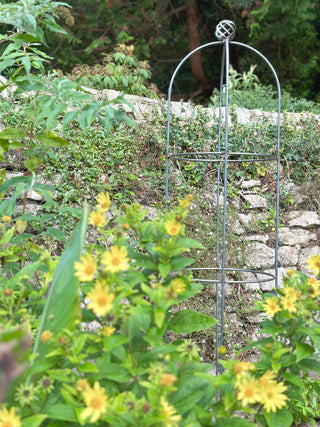 Handmade steel garden obelisk with elegant cage finial, heavy-duty UK plant support