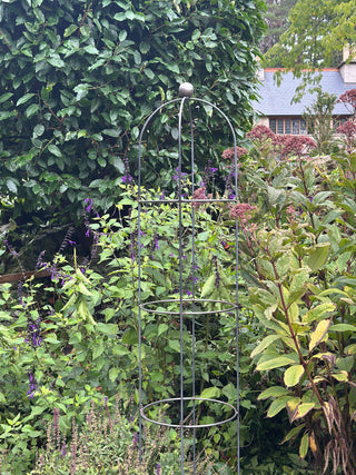 Rusted steel obelisk with sphere finial supporting climbing roses in an English garden